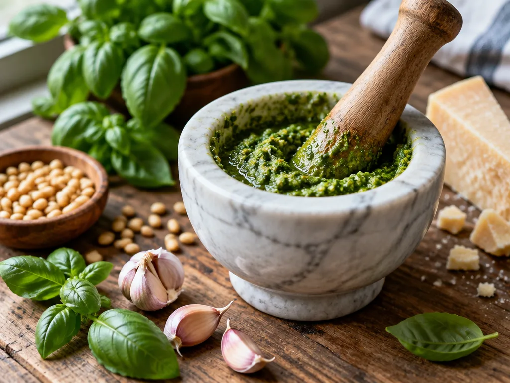 Grön basilikapesto i en marmormortel med träpistill, omgiven av basilika, pinjenötter, vitlök och en bit parmesan