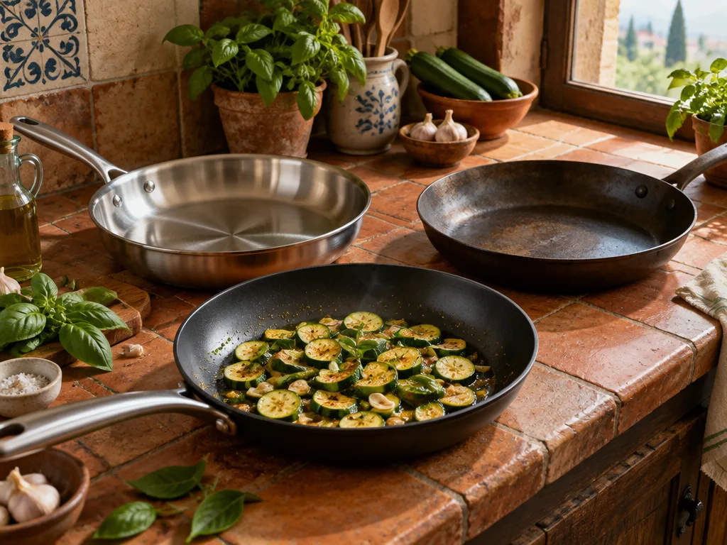 Tre stekpannor i non-stick, rostfritt stål och kolstål på en bänk med terrakottakakel, i den svarta pannan steks zucchini och vitlök i olivolja