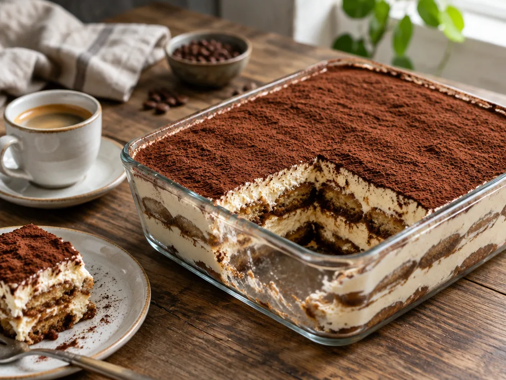 Tiramisu i glasform pudrad med kakao, med en uppskuren bit som visar lager av kaffedoppade kex och mascarponekräm