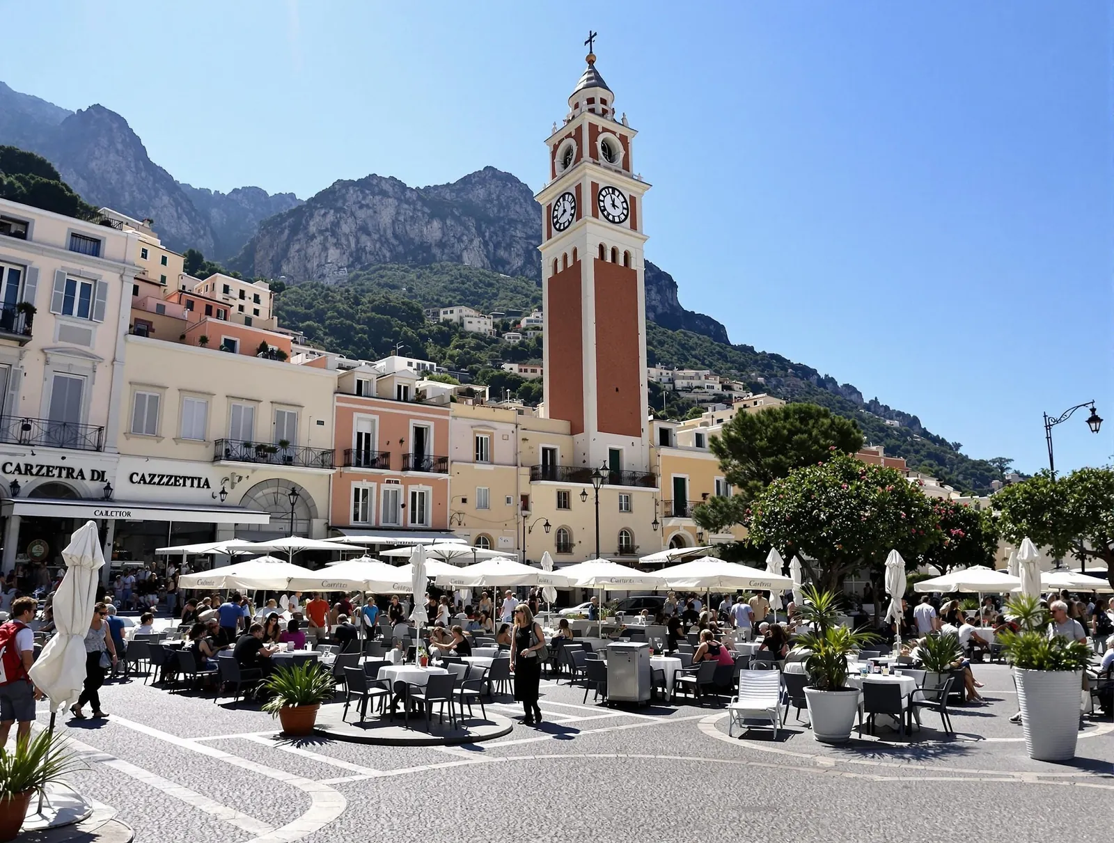 Piazzetta di Capri, det centrala torget och sociala hjärtat av Capri stad, med klocktornet och uteserveringar