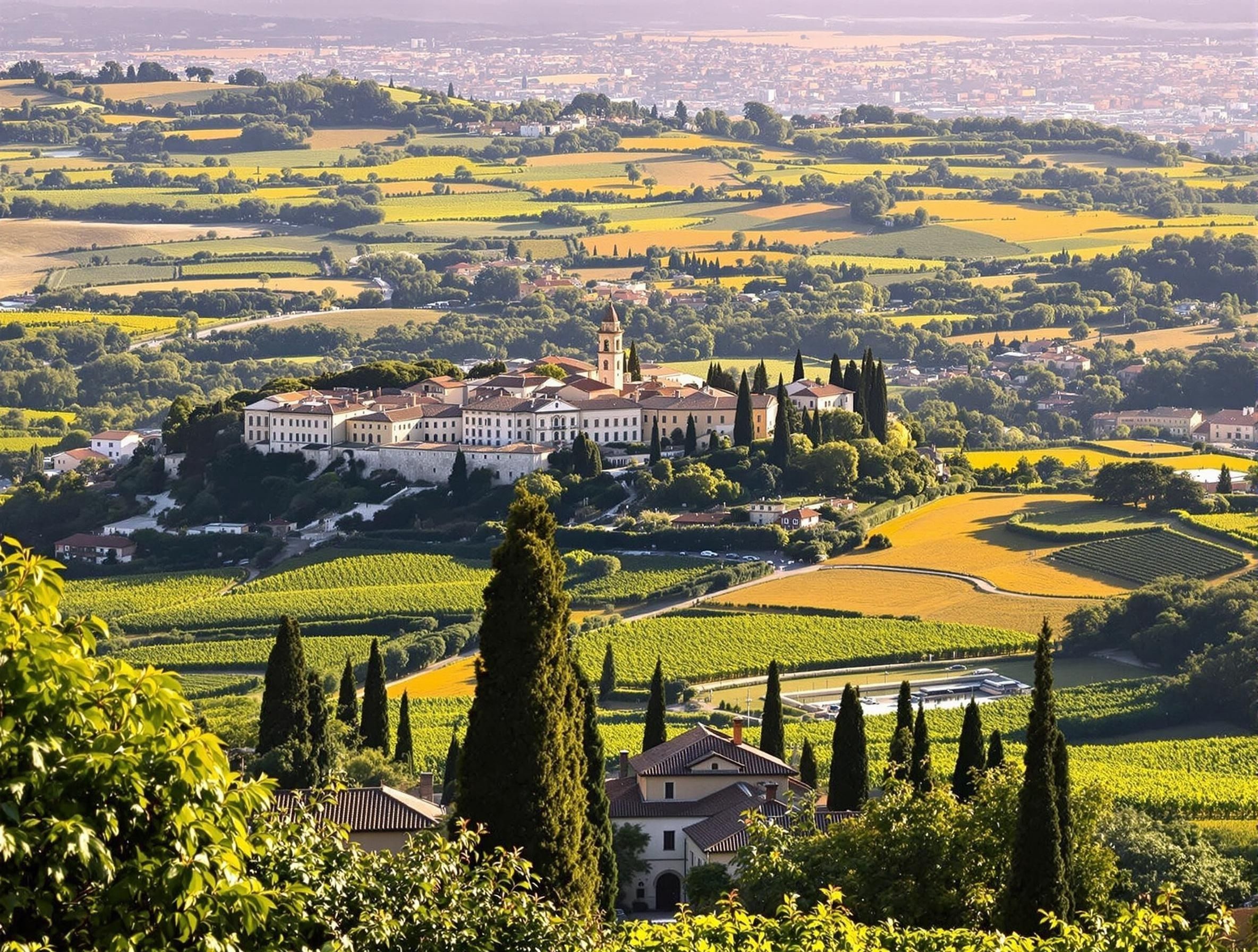 Frascati i Castelli Romani, Italien, med historisk stadskärna på kullen och omgivande vingårdar