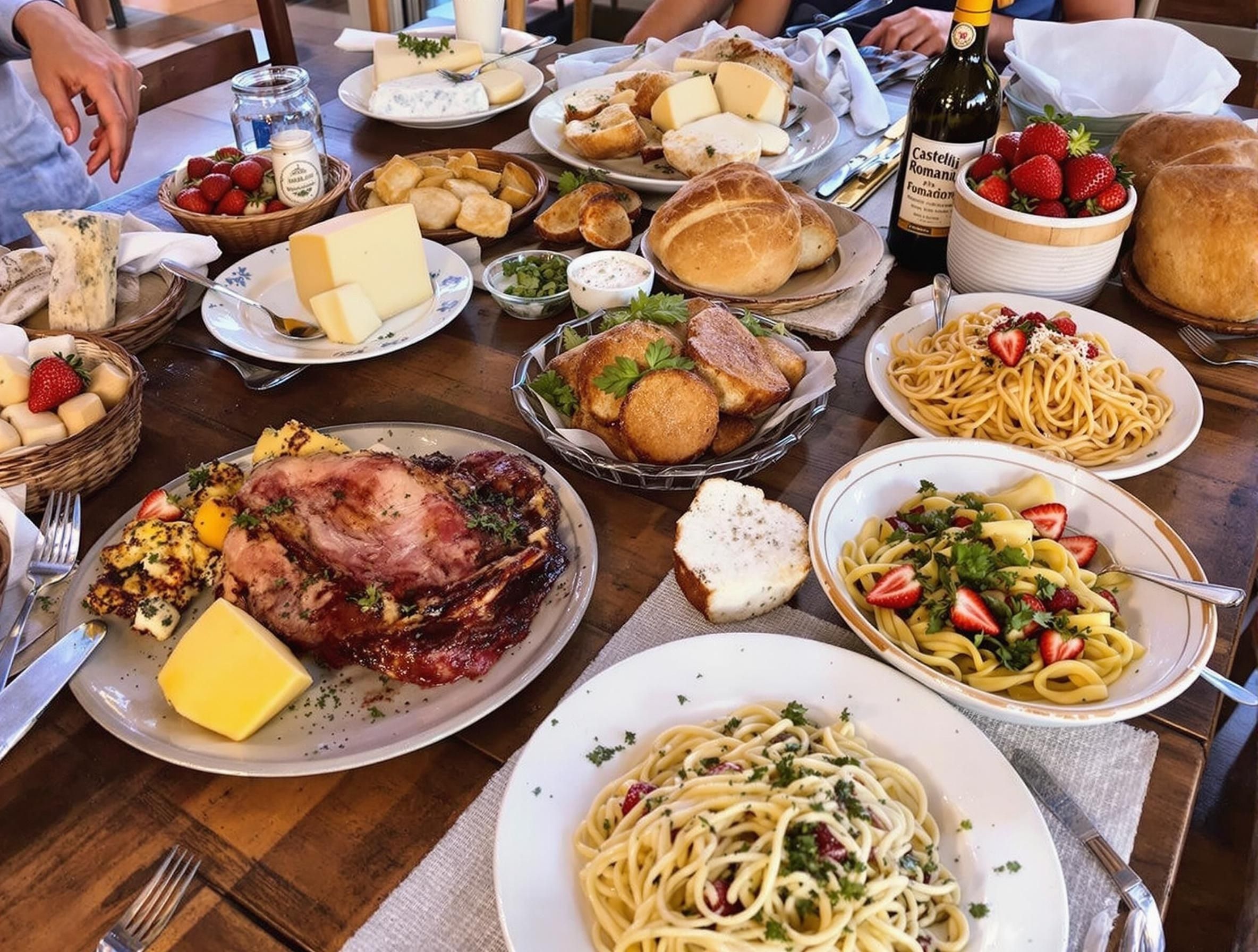 Traditionell mat från Castelli Romani, Italien, serverad på ett rustikt träbord med porchetta och lokala viner