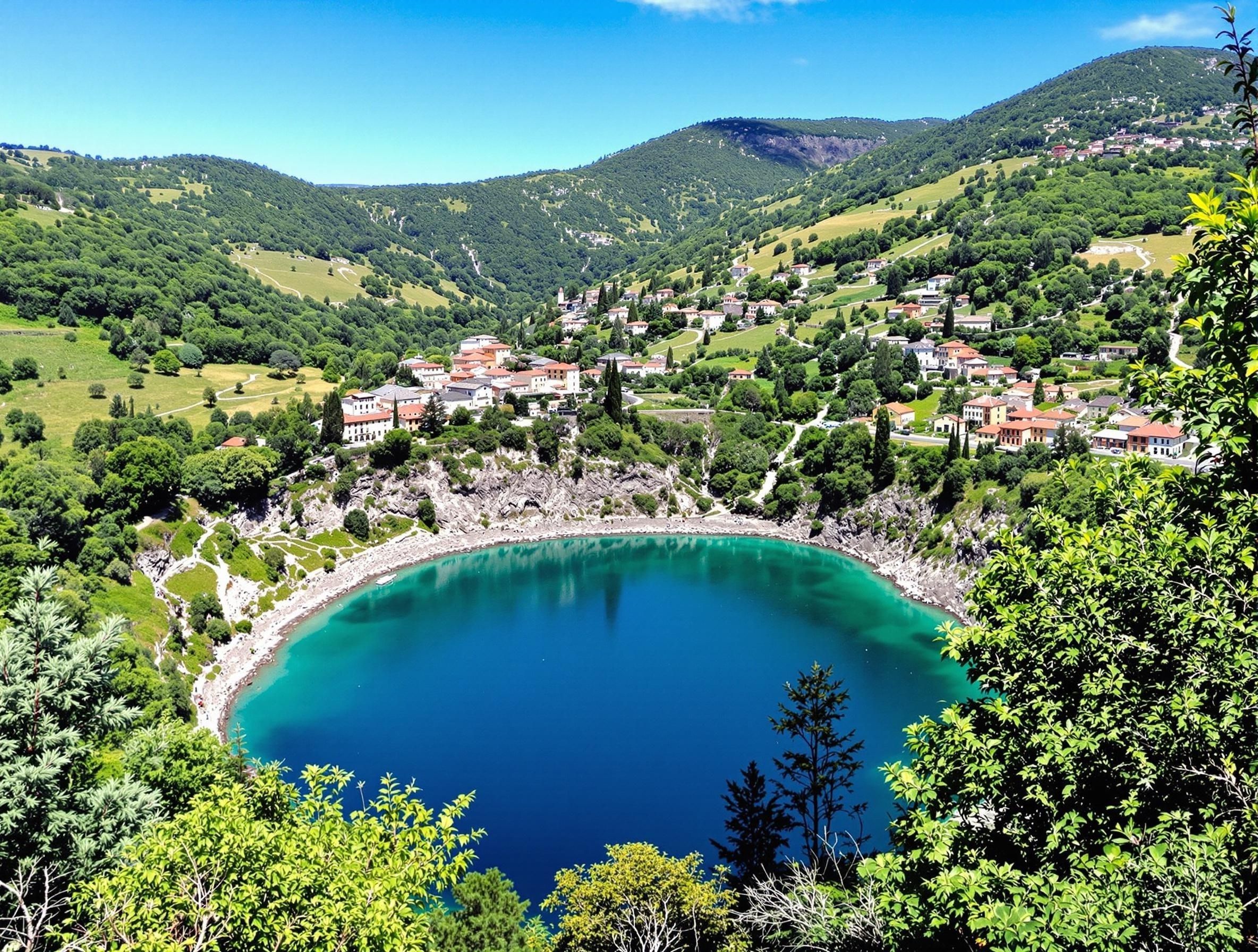 Nemisjön i Castelli Romani, Italien, en vulkanisk kratersjö med djupblått vatten och den pittoreska byn Nemi