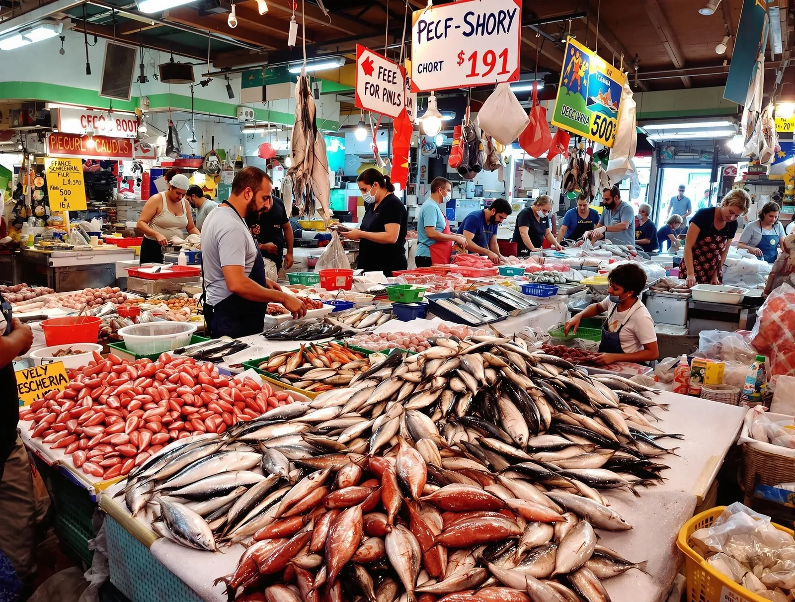 Den livliga fiskmarknaden La Pescheria i Catania, Sicilien, med färsk fisk och skaldjur på is