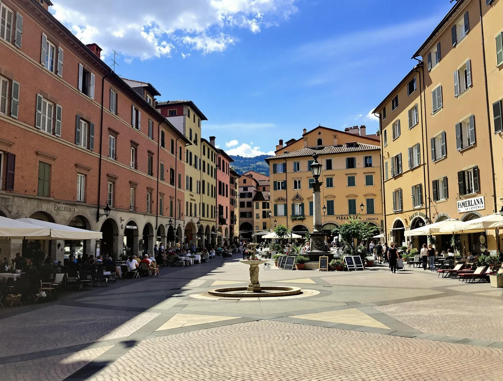 Greve in Chianti, Toscana, Italien, med det vackra torget Piazza Matteotti, arkader, butiker, restauranger