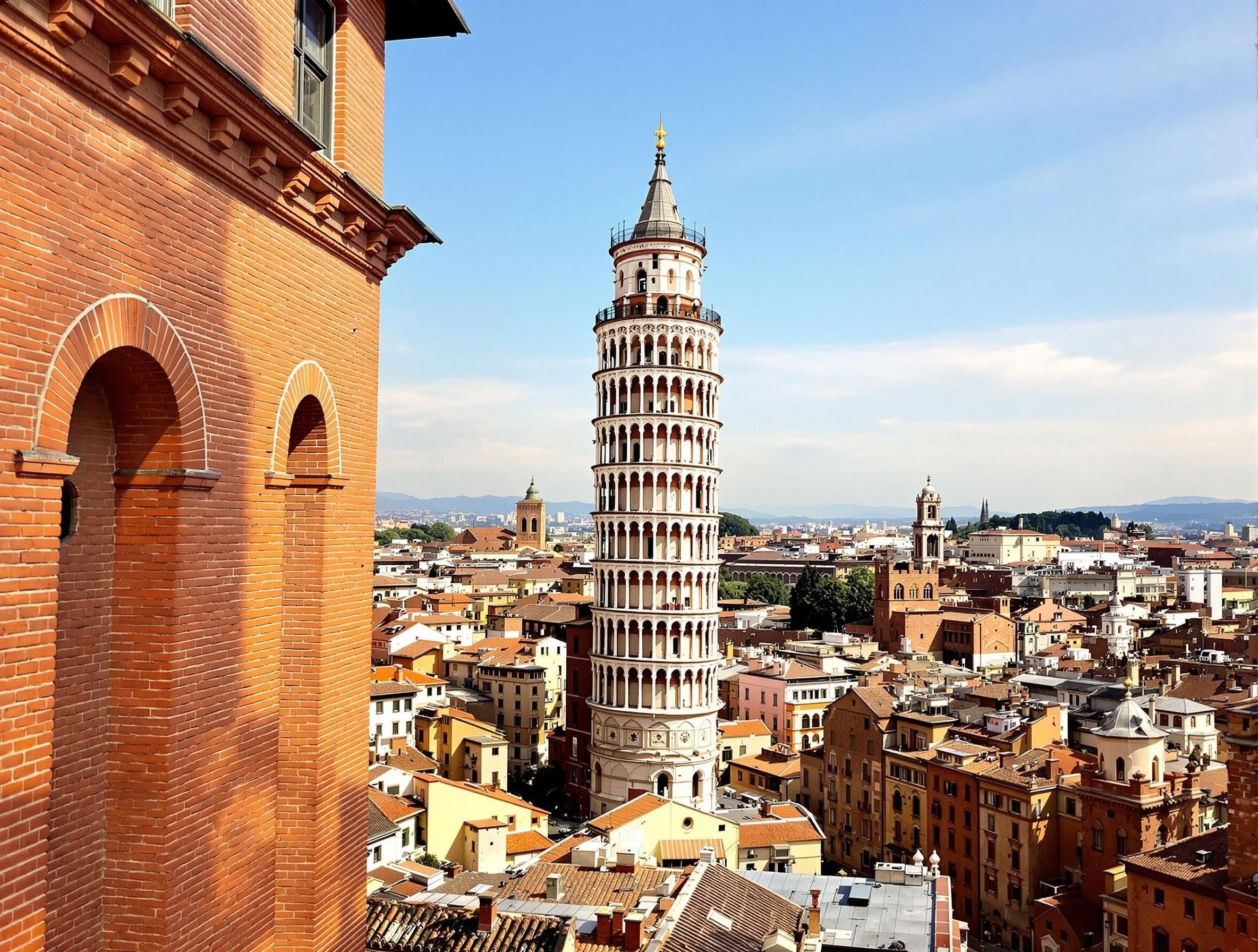 Bologna, Emilia-Romagna, Italien, med de berömda två lutande tornen och röda tegelbyggnader