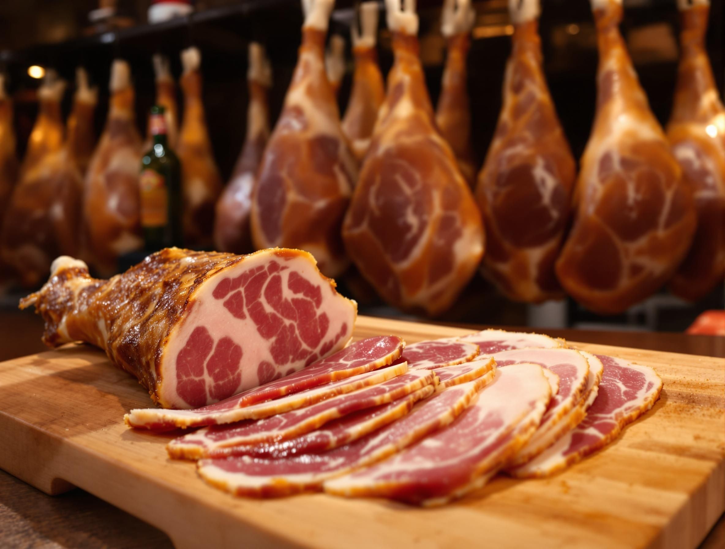 Prosciutto di Parma från Emilia-Romagna, Italien, med tunna skivor av lufttorkad skinka
