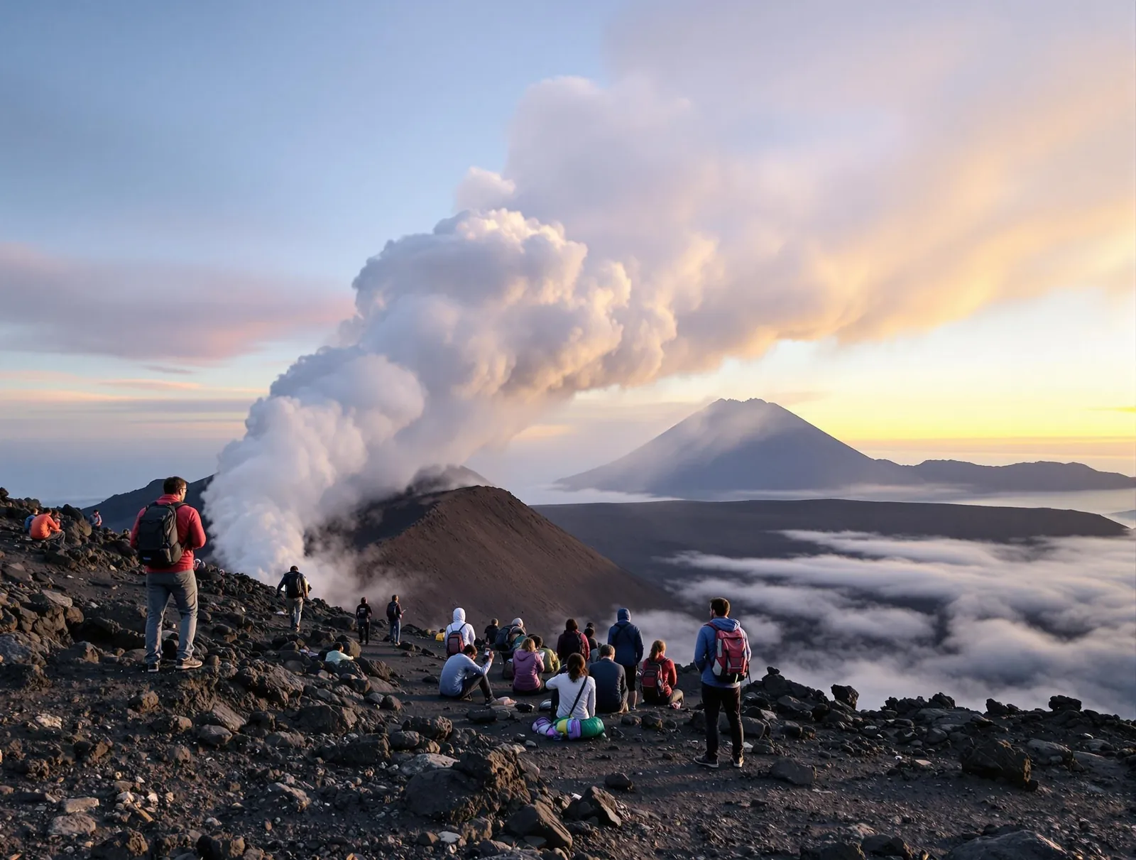 En guide som leder en grupp besökare på Etna, pekar och förklarar vulkanens egenskaper