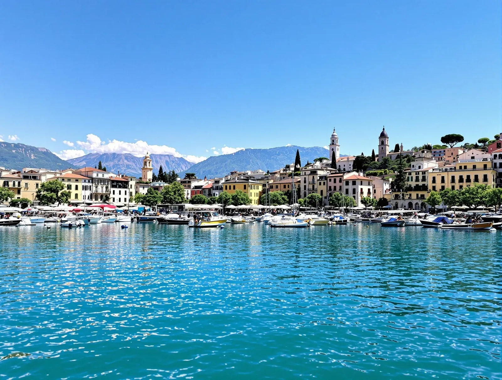 Desenzano del Garda vid Gardasön, den största staden vid sjön, med vacker hamn och färgglada båtar