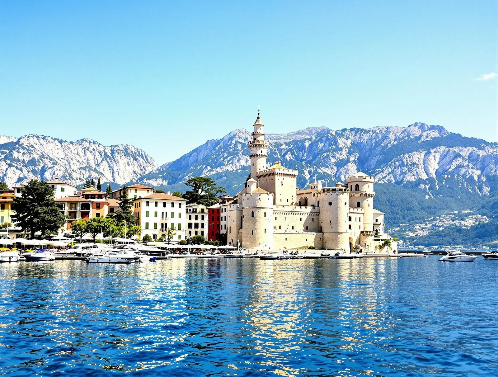 Malcesine vid Gardasön med den imponerande Scaliger-borgen och Monte Baldo i bakgrunden