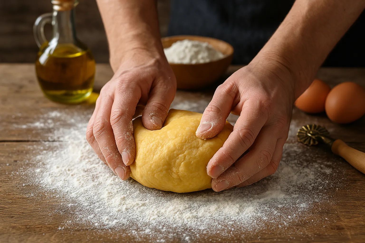 Händer som knådar färsk pastadeg på ett träbord med mjöl och olivolja