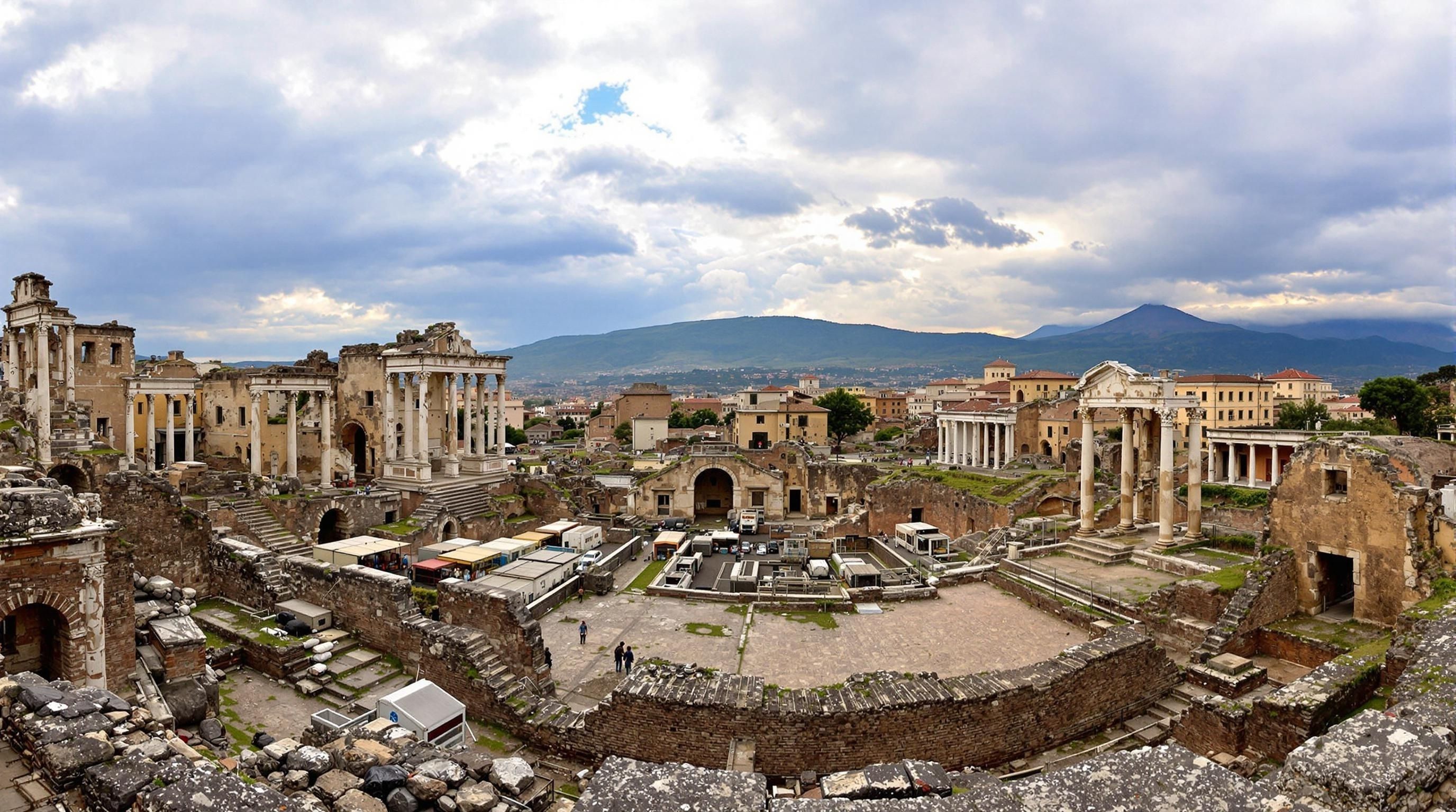 Panoramautsikt över de välbevarade ruinerna i Herculaneum med Vesuvius i bakgrunden