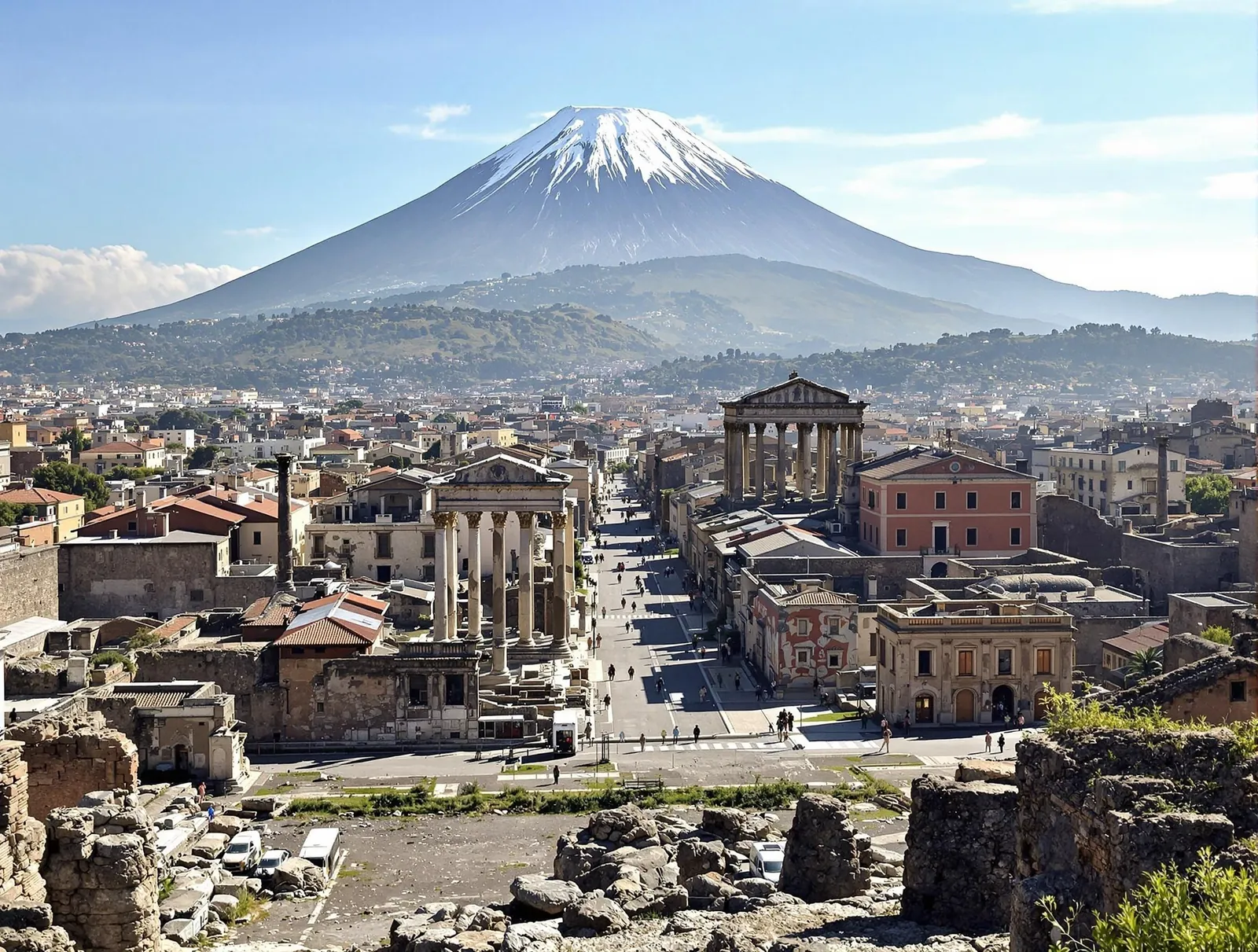Antika ruiner i Pompeji, Kampanien, Italien, med Vesuvius-vulkanen i bakgrunden