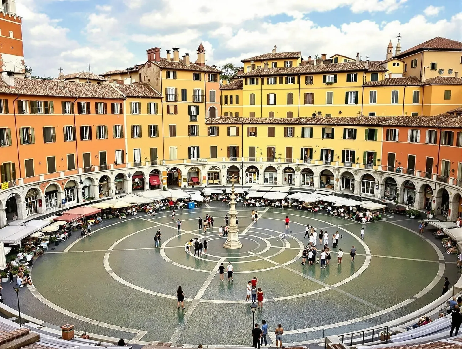 Den ovala Piazza dell'Anfiteatro i Lucca med färgglada byggnader