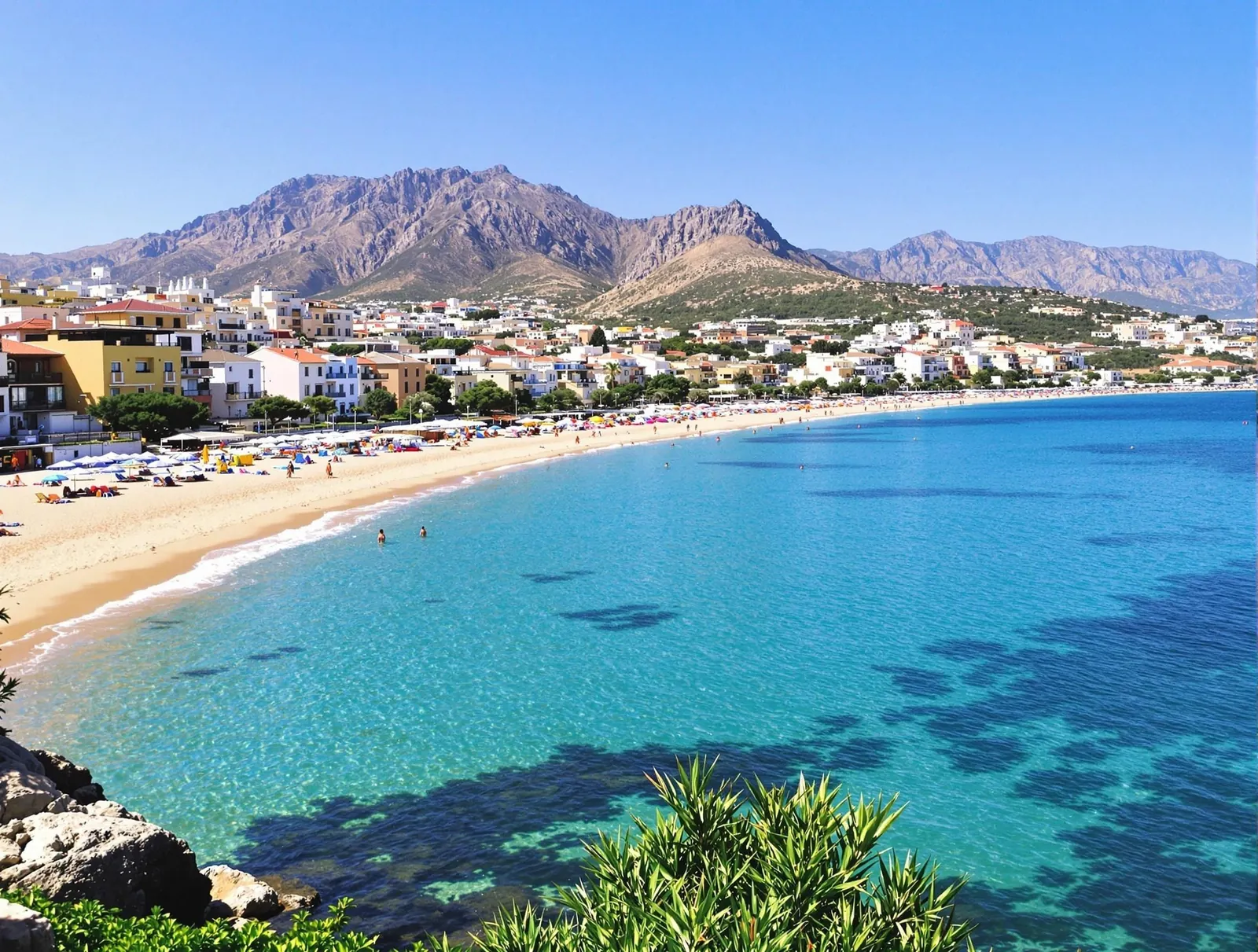 Mondello strand nära Palermo, Sicilien, Italien, lång sandstrand med kristallklart turkost vatten