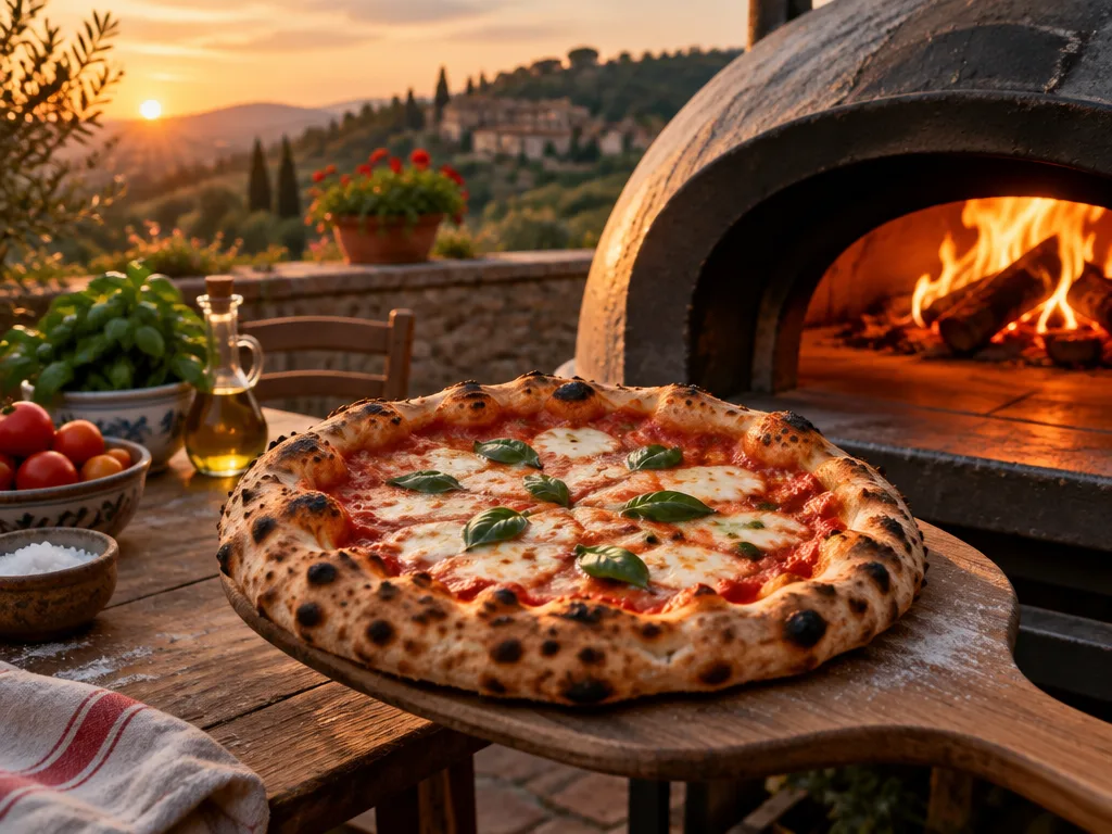 Nygräddad napolitansk pizza på en pizzaspade framför en varm pizzaugn