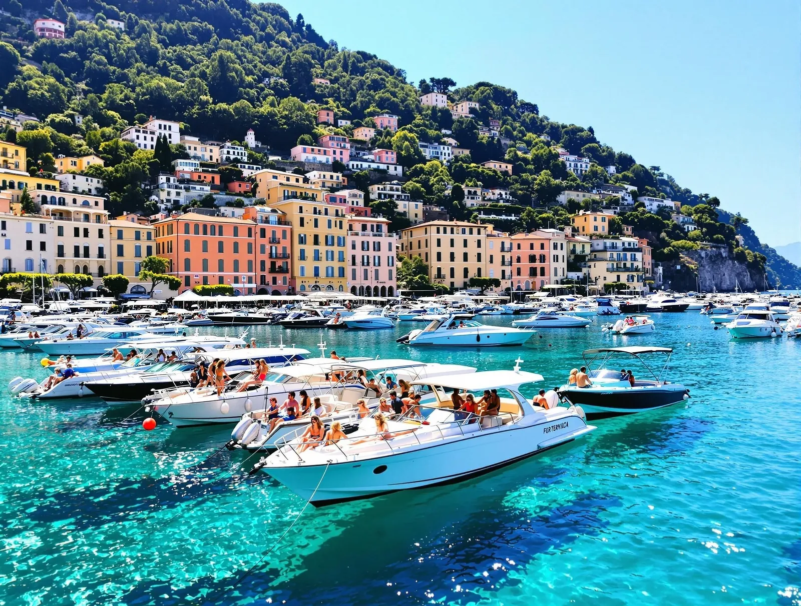 Lyxiga båtar i Portofinobukten, Italien, med kristallklart turkost vatten och färgglada hus i bakgrunden