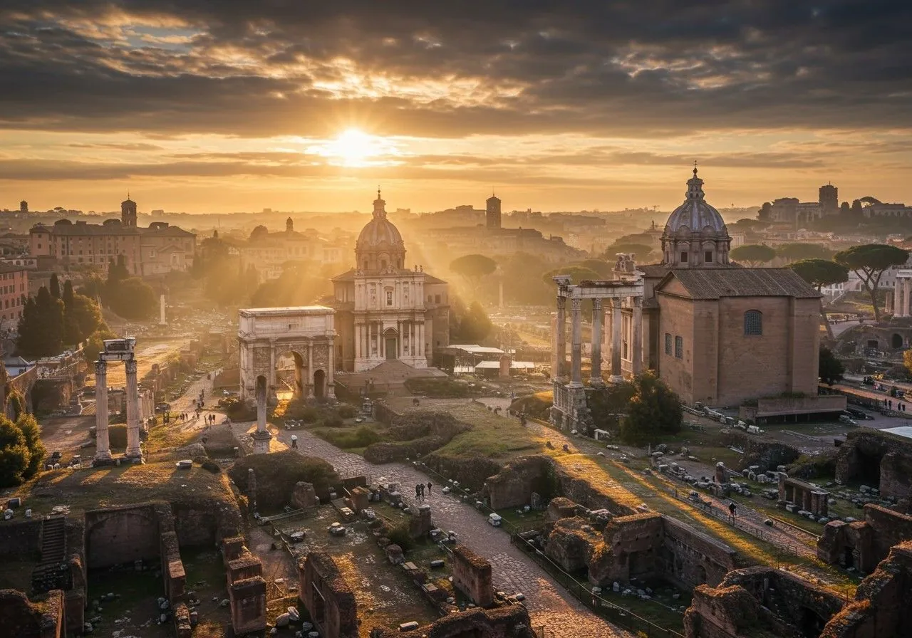 Forum Romanum vid soluppgång med dramatiskt ljus