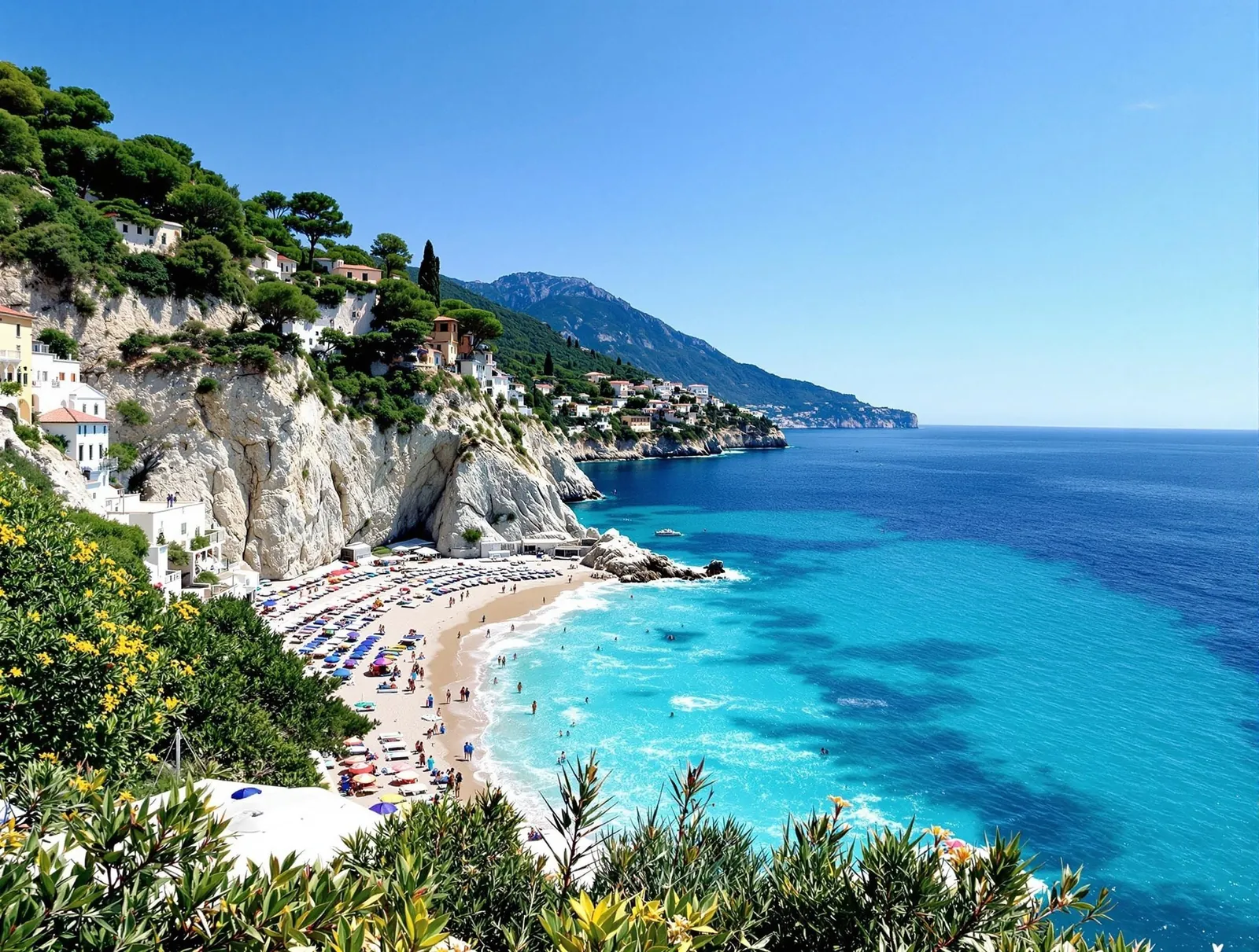 Italiensk strand med parasoll och azurblått vatten under sommaren