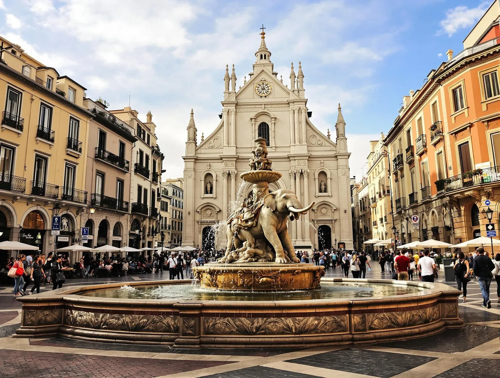 Piazza del Duomo i Catania med den berömda elefantfontänen och katedralen i bakgrunden