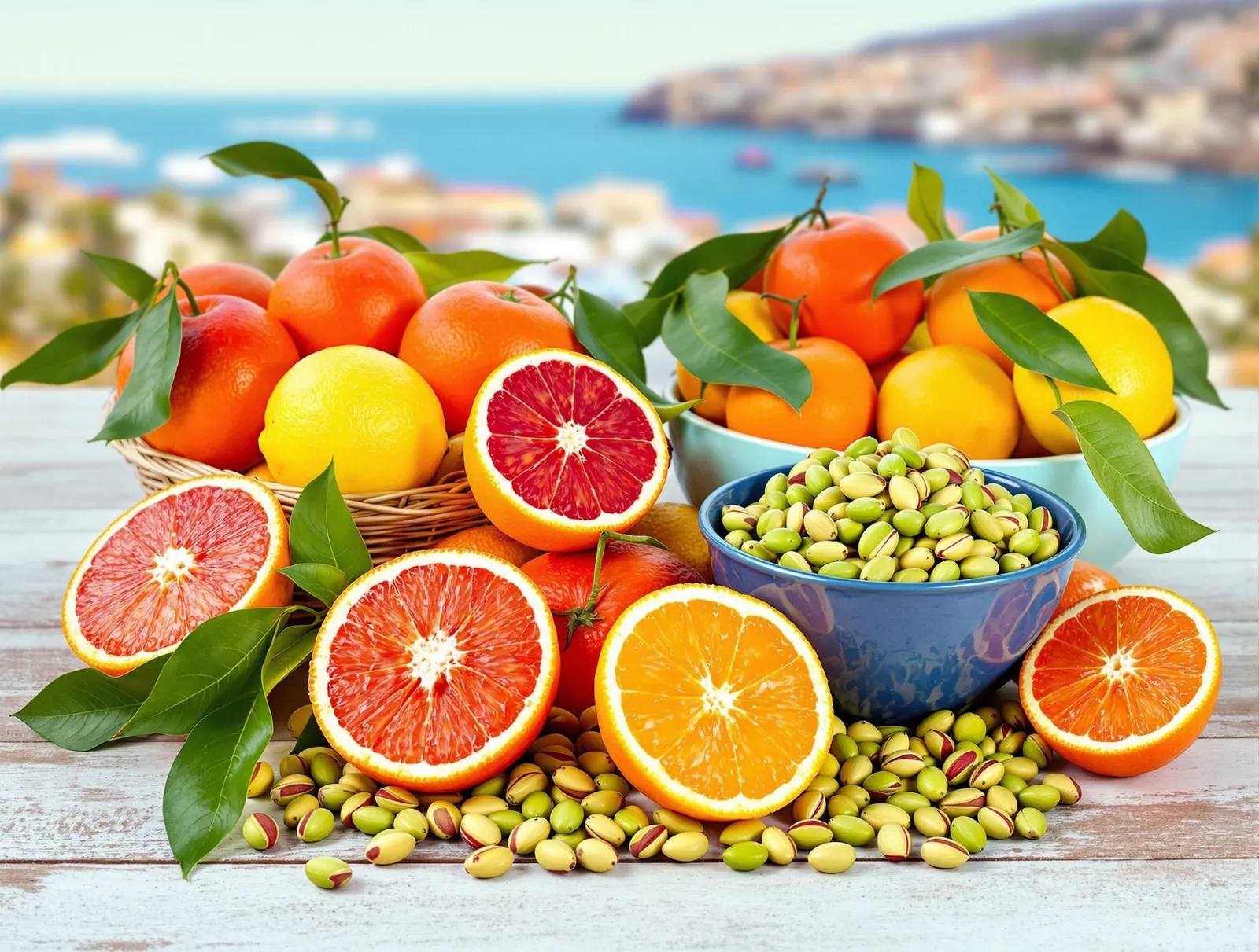 Färgglad uppställning av sicilianska citrusfrukter - blodapelsiner, citroner och mandariner - tillsammans med pistaschnötter från Bronte