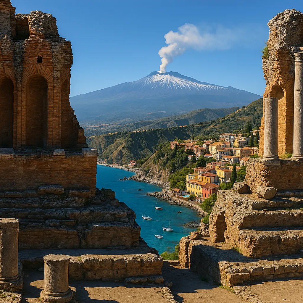 Utsikt från Taormina med Etna-vulkanen i bakgrunden