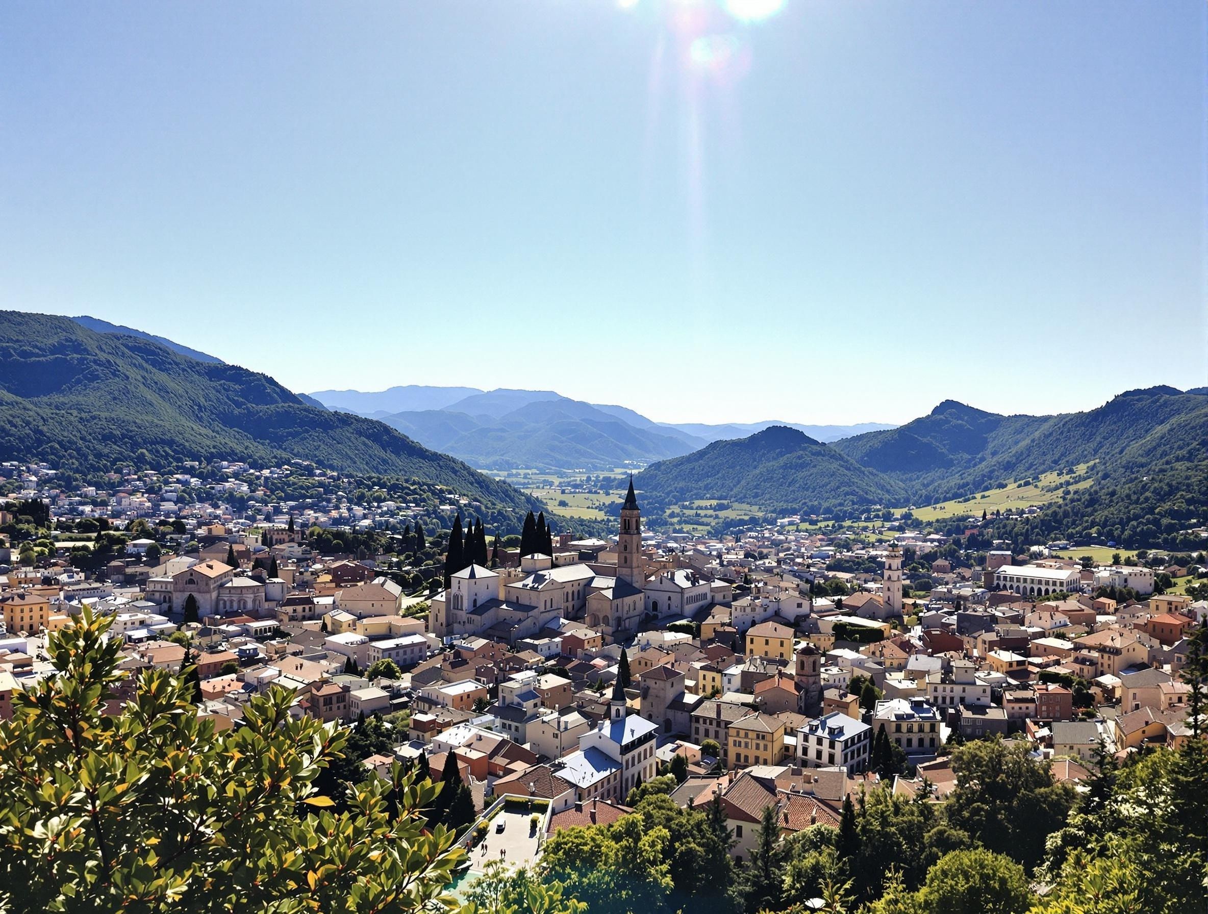 Panoramautsikt över den medeltida bergsstäden Subiaco i Lazio, Italien