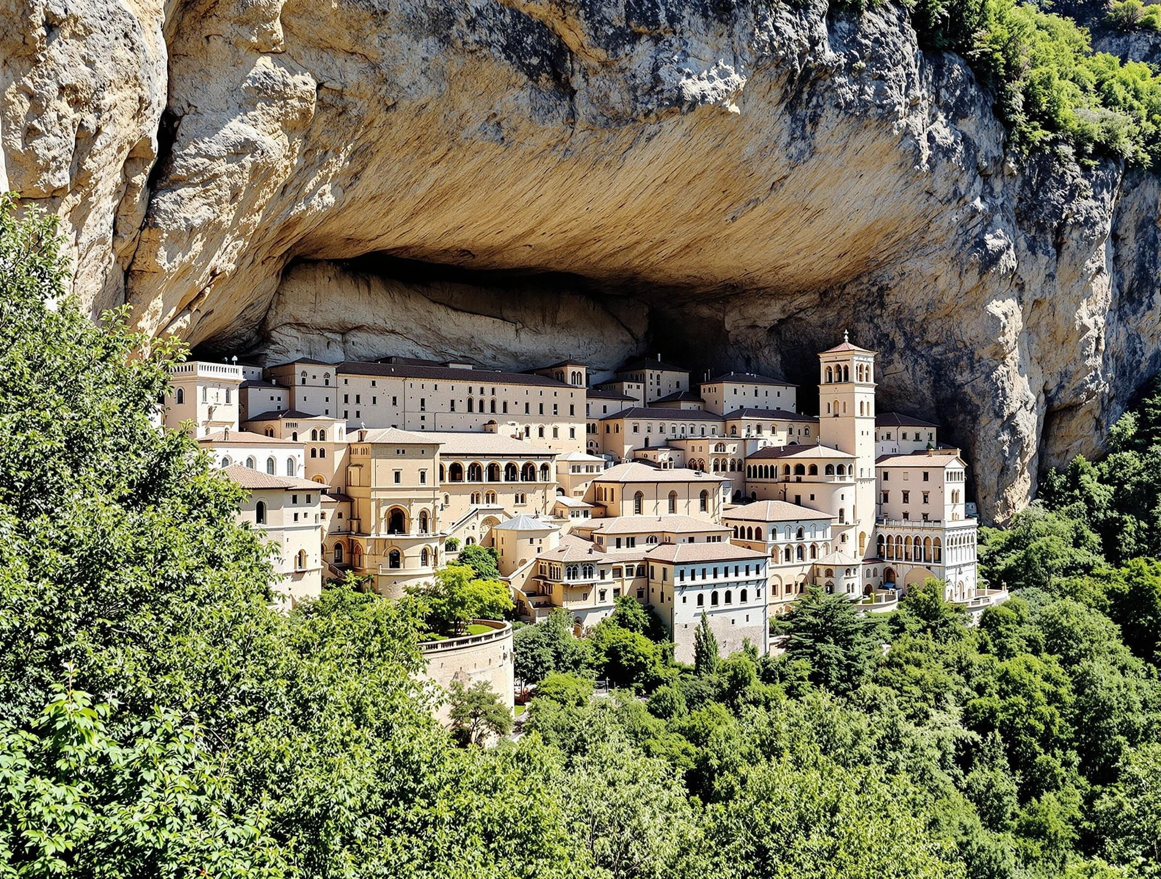 Benediktinerklostret Sacro Speco (San Benedetto) i Subiaco, Italien, byggt in i klippväggen