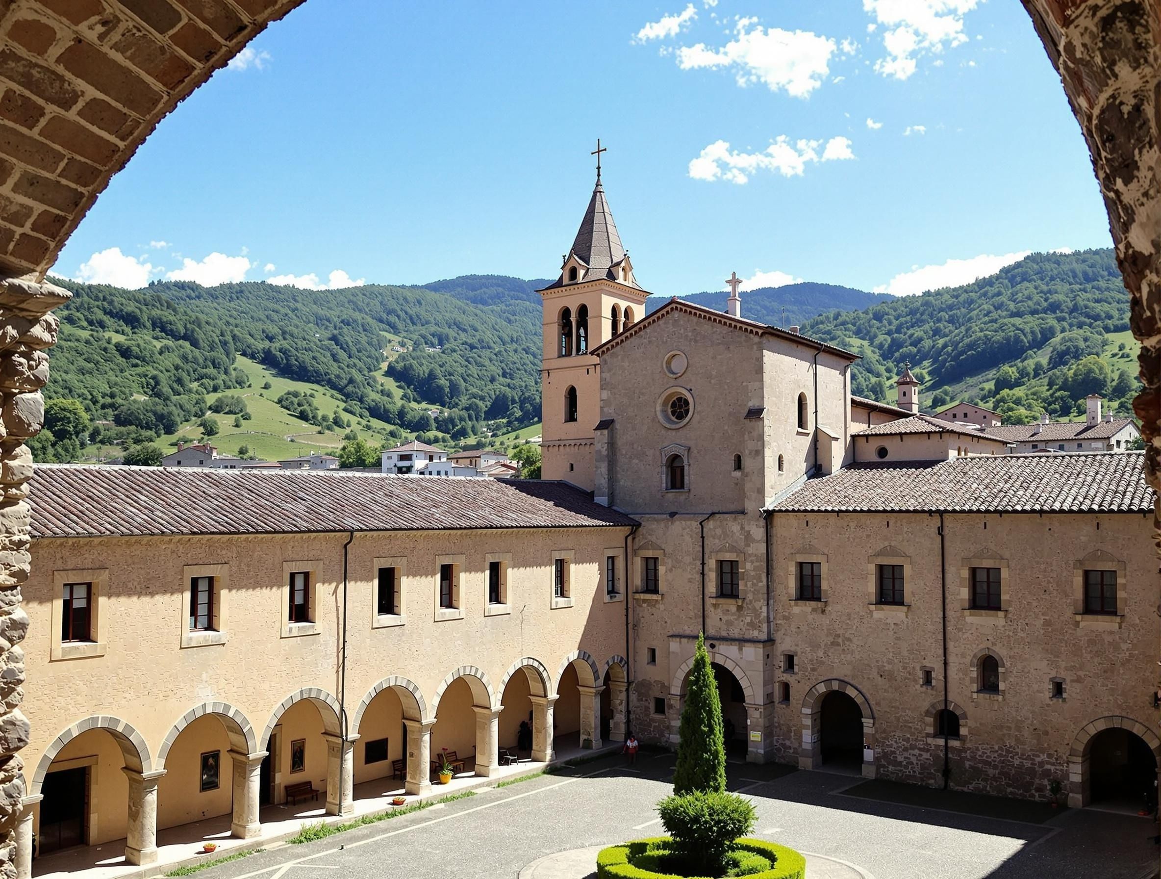 Klostret Santa Scolastica i Subiaco, Italien, med medeltida arkitektur och klostergård
