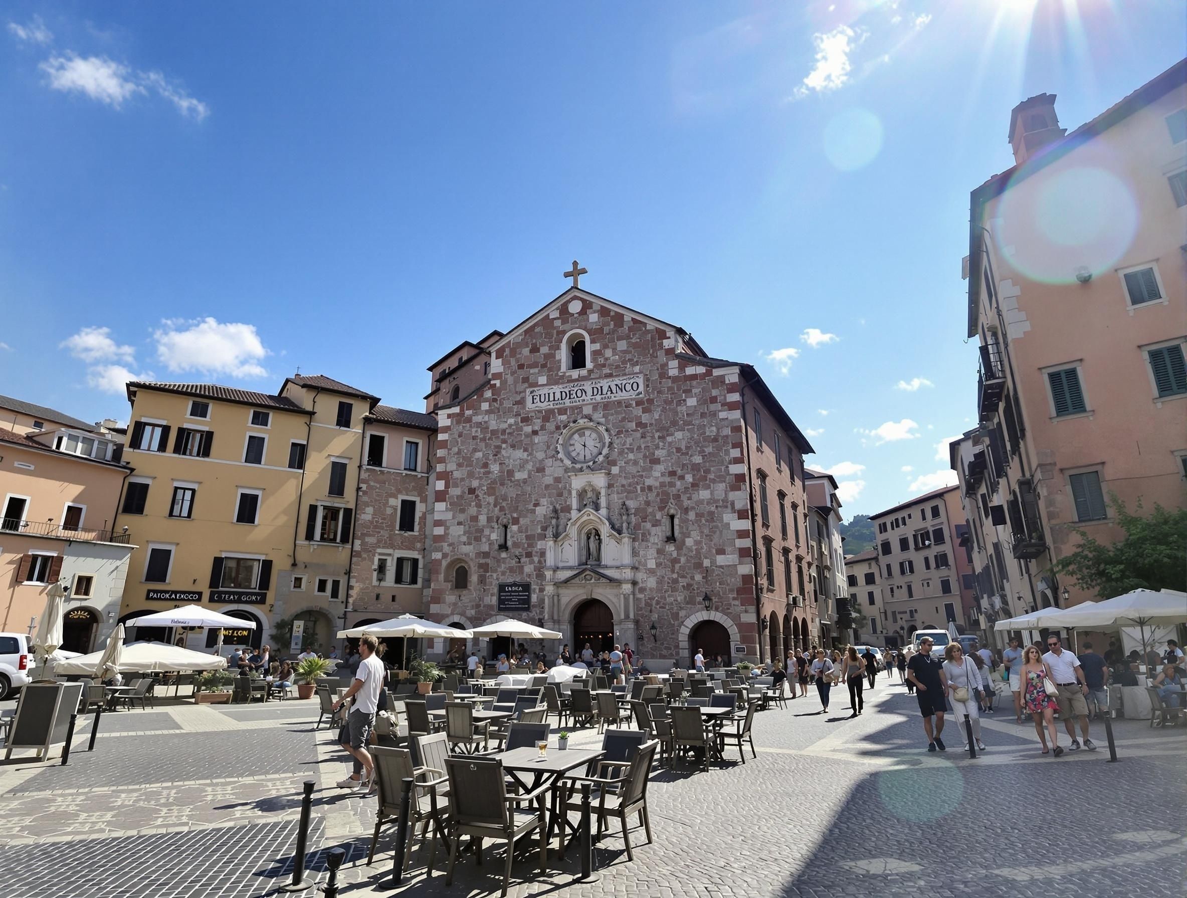 Medeltida stadskärna i Subiaco, Italien, med smala kullerstensgator och historiska byggnader