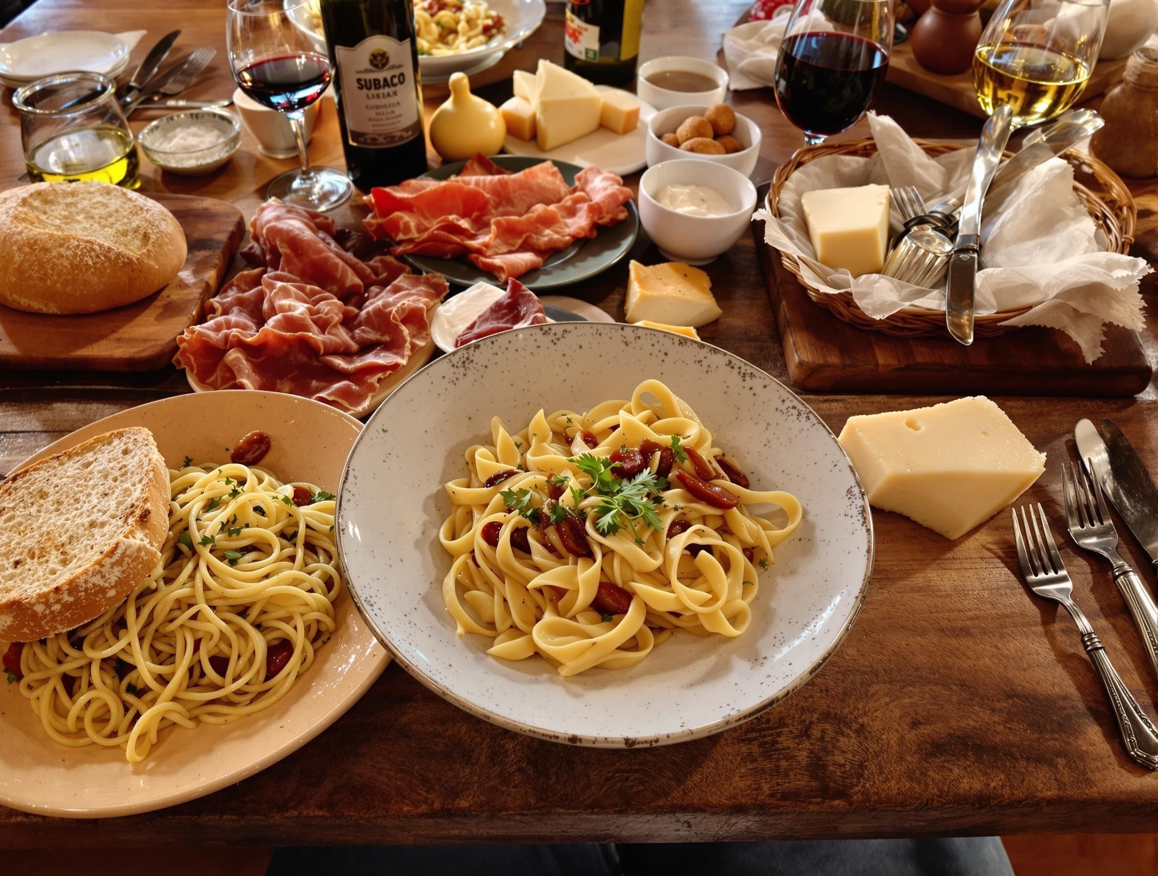 Traditionell mat från Subiaco och Lazio-regionen, Italien, serverad på ett rustikt träbord