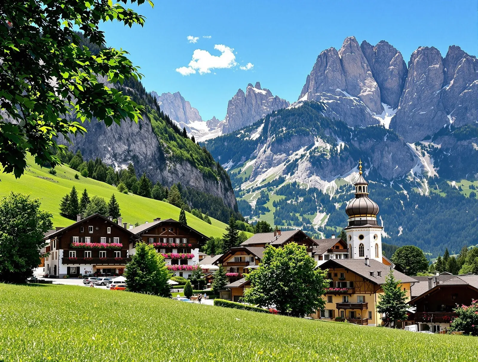 Pittoresk by i Sydtyrolen med traditionella tyrolska hus, kyrktorn med lökkupol och dramatiska Dolomiter i bakgrunden