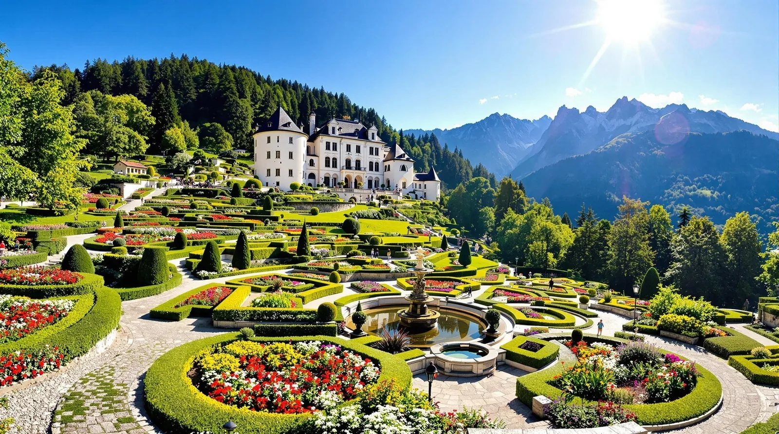 Slottet Trauttmansdorff i Merano, Sydtyrolen, med dess spektakulära botaniska trädgårdar och terrasserade anläggningar