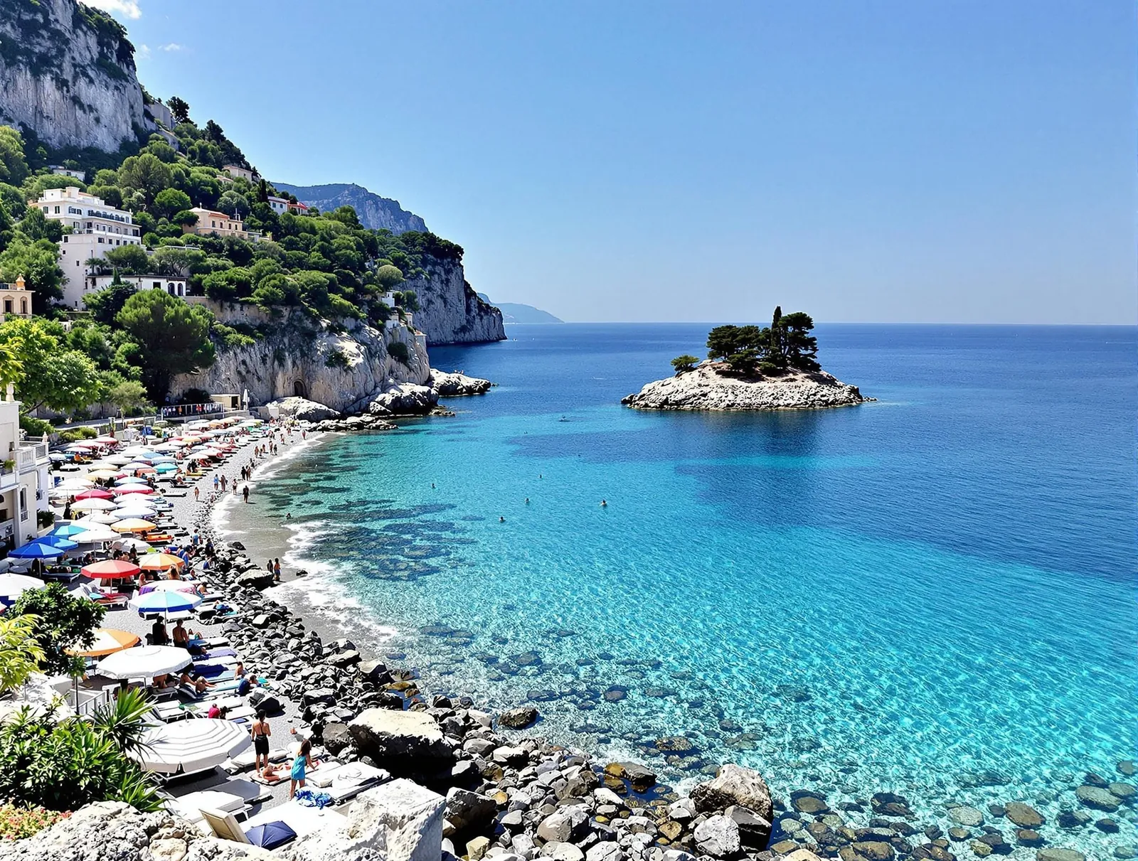 Isola Bella stranden i Taormina, Sicilien, med stenig strand, kristallklart turkost vatten och färgglada parasoller