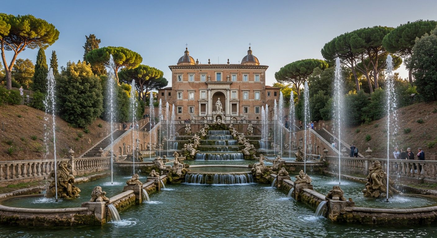 Villa d'Este i Tivoli med vackra fontäner och trädgårdar