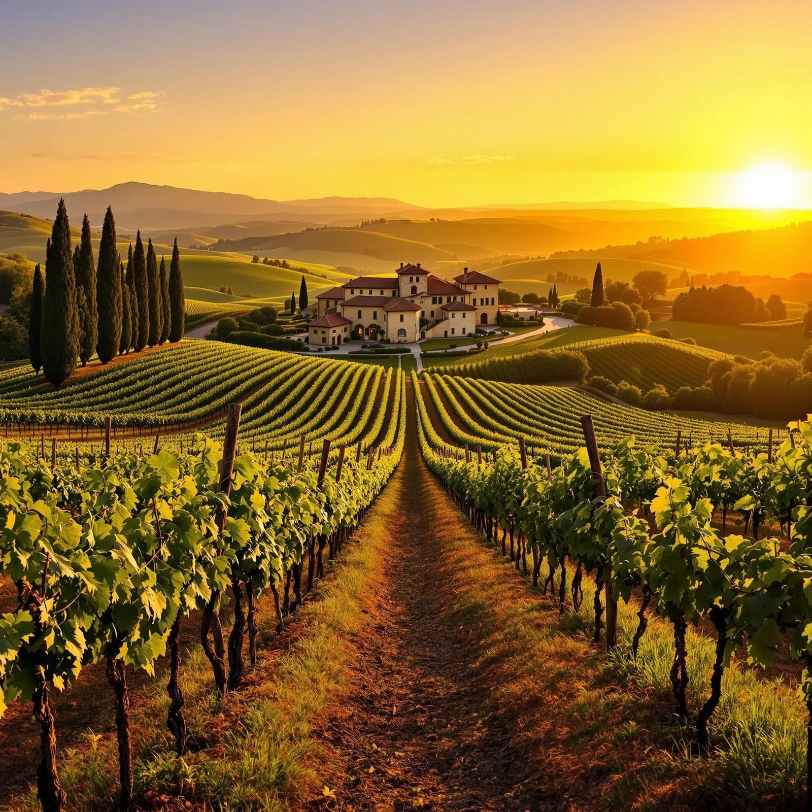 Vingård i Toscana vid solnedgången med rader av vinrankor och ett stenhus i bakgrunden