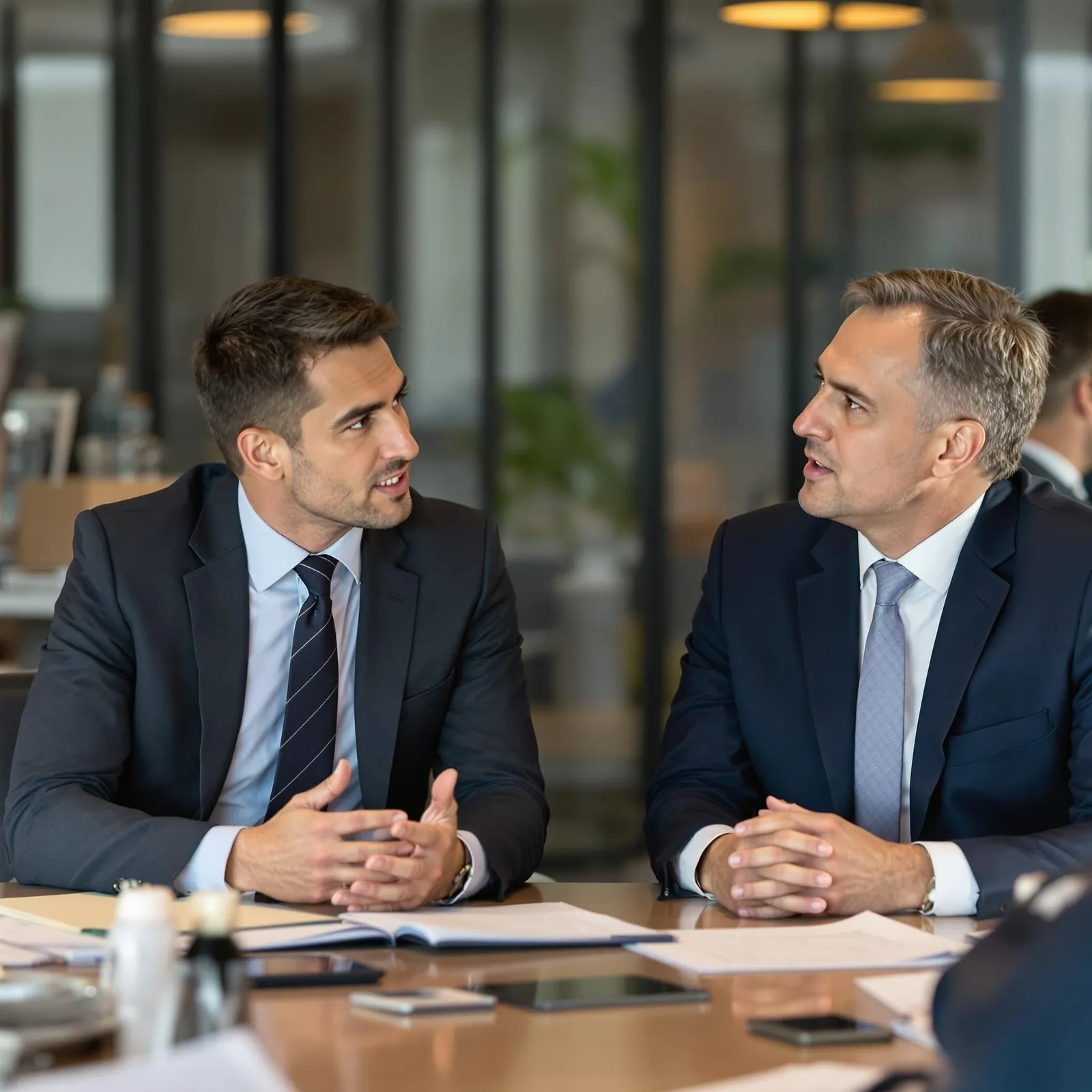 Italienska affärsmän och affärskvinnor i diskussion, kontor eller mötesrum, välklädda, expressiva gester