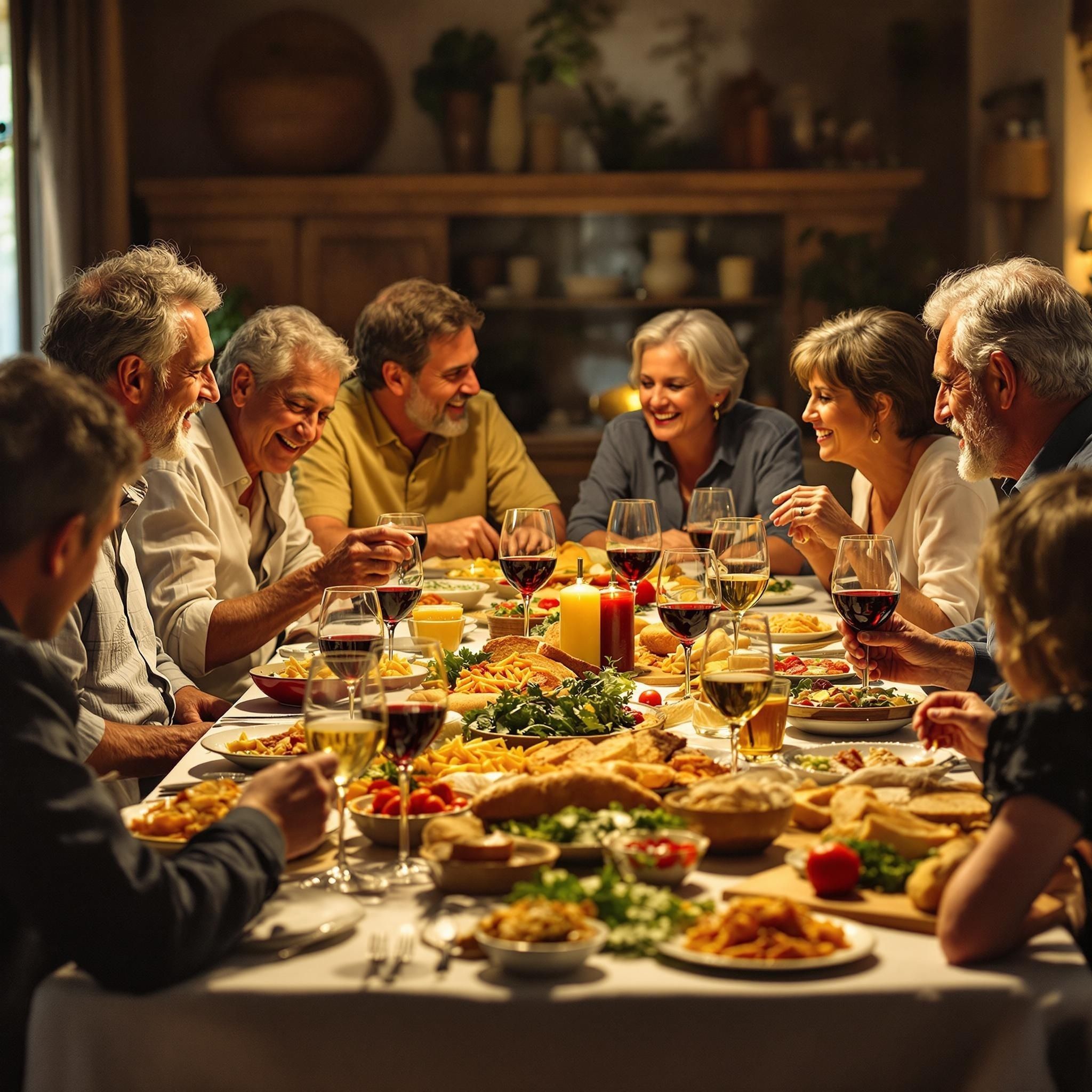 Italiensk familj som äter middag tillsammans, flera generationer, stort bord med traditionell mat, vin, bröd, pasta