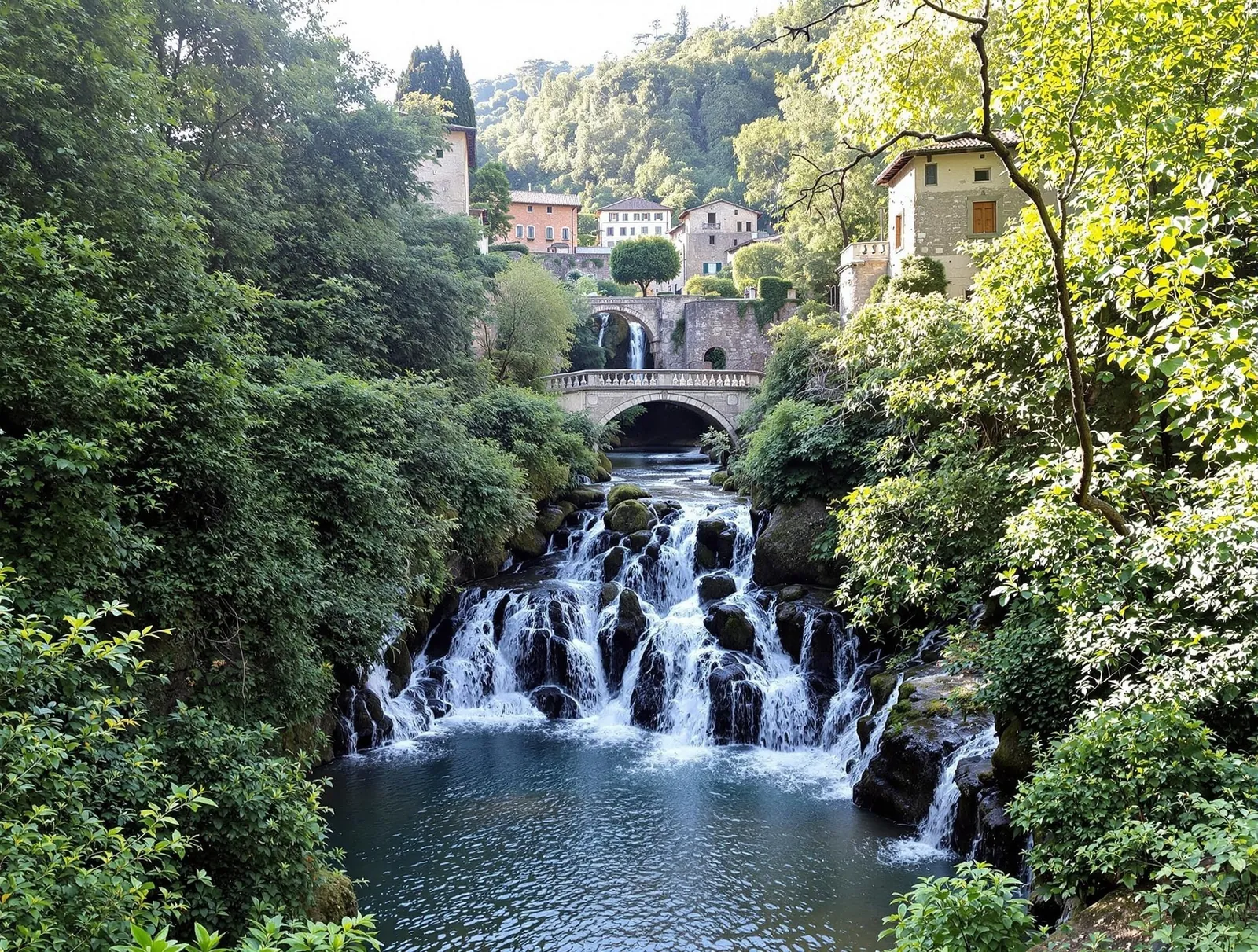 Molina Waterfall Park i Valpolicella med vackra vattenfall som forsar genom en grön ravin