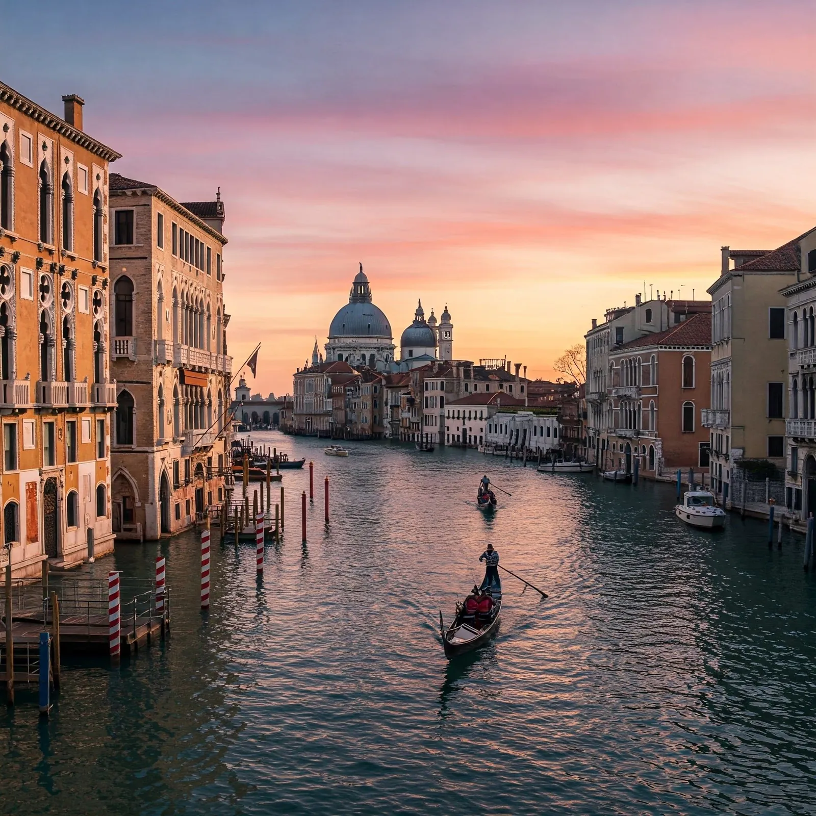 Panoramabild av Canal Grande i Venedig vid solnedgång med gondoler och historiska byggnader