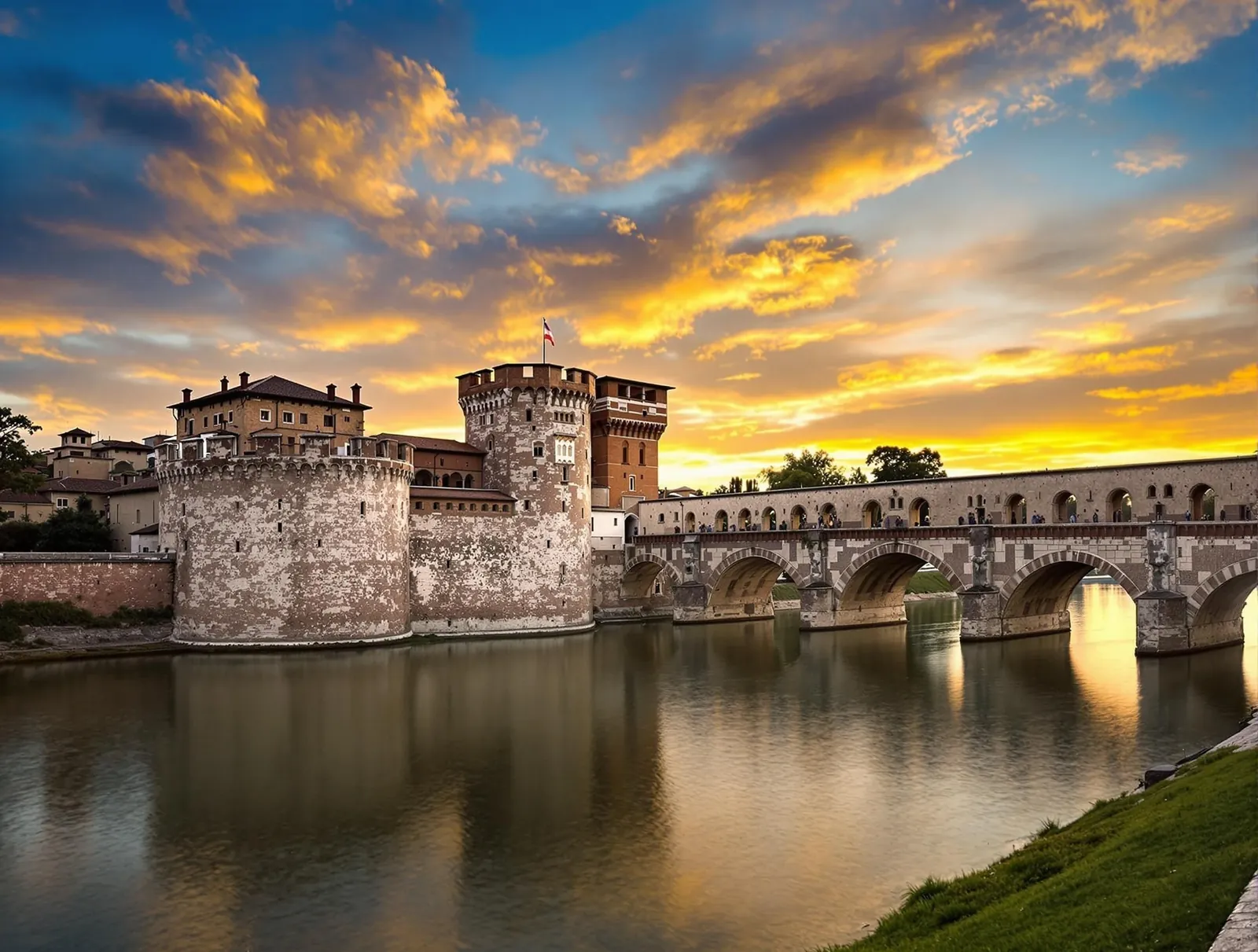 Castelvecchio och Ponte Scaligero i Verona, den medeltida borgen med dess karakteristiska krenelerade murar och bron över Adige-floden